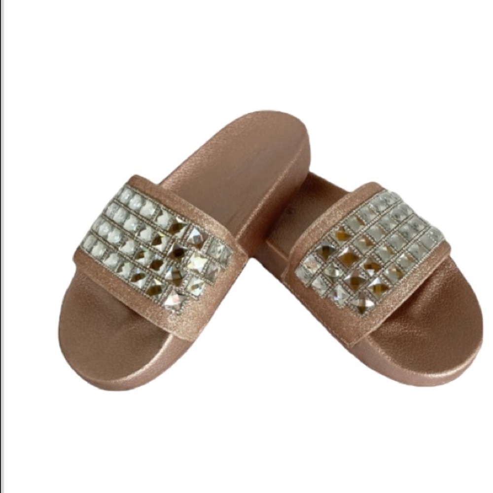 BEBE Flashie Rose Gold with Bling Metallic Slip On Slides Sandals Womens Size 7